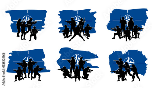 Set of banners with silhouettes of NATO special forces squad on a mission. Soldiers with weapons in front of the NATO flag. Vector illustration of a military team isolated on transparent background.