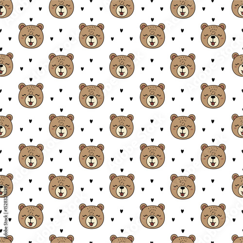 Cute Cartoon Bear Faces and Tiny Hearts Seamless Pattern