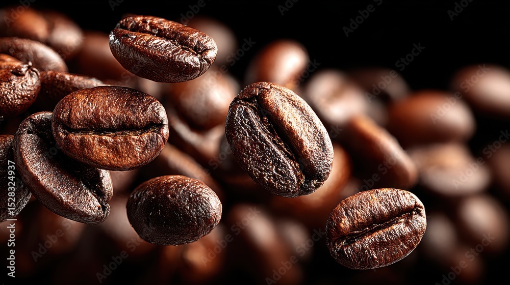 Fototapeta premium Roasted coffee beans are floating in the air on a dark background view.