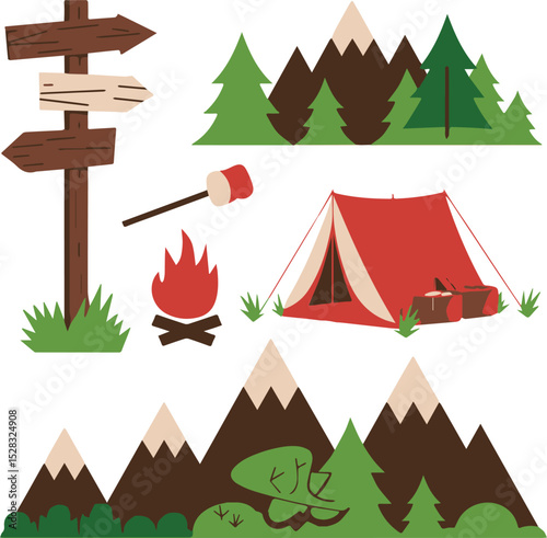Nature camping illustration in vector style with tents, trees, fire, and gear, great for hiking themes.