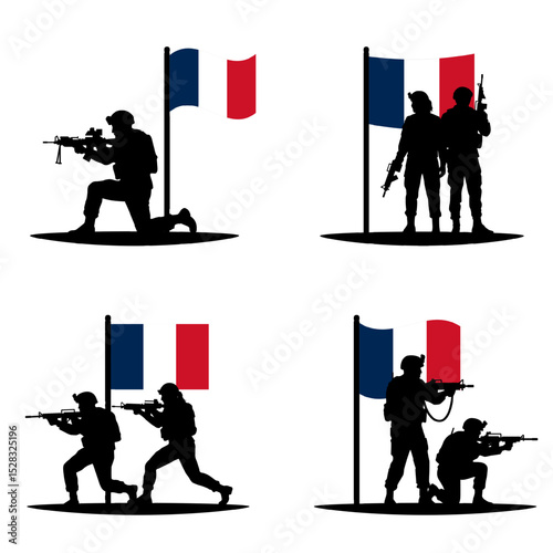 Set of illustration with French army soldier silhouettes with the national flag of France. Vector French military, Foreign Legion, national defense, armed forces, patriotism. Transparent background