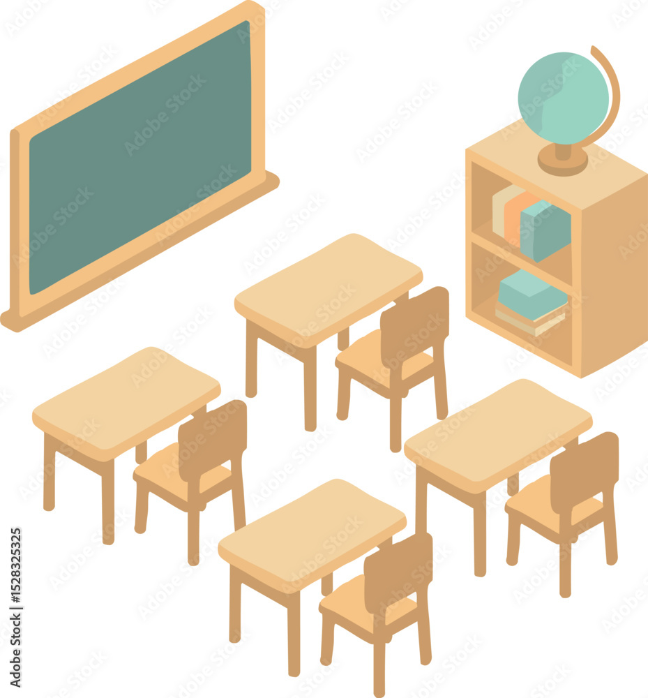 Isometric illustration of a classroom interior with desks, chairs, a chalkboard, a bookshelf, and a globe.