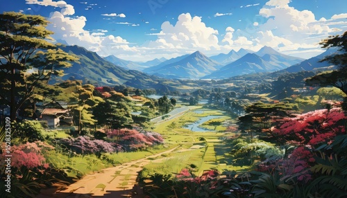 「ジブリのようなアニメ風景｜美しい山と谷の幻想的な自然アート」

