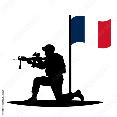 French army soldier silhouette in a kneeling combat pose with the national flag of France. Vector for French military, Foreign Legion, national defense, armed forces, patriotism, security operations
