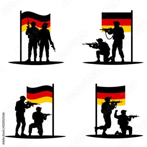 Set of 4 vector illustration of aiming German soldier silhouettes with rifles in front of the German flag. Germany’s defense force, European military presence. Transparent background. Design element