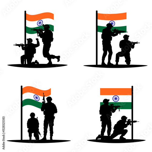 Set of Indian army soldier silhouettes on guard with the national flag of India (Tiranga). A concept for India's military, armed forces, national defense, patriotism, and Republic Day celebrations.