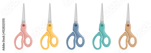 Set of colorful scissors for paper or sewing. Pink, blue, green, yellow and beige. Vector isolated images of sewing or paper craft supplies. For educational materials projects and Back to school theme