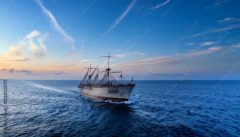 Fototapeta premium ship navigating calm ocean under soft blue sky at dusk horizon
