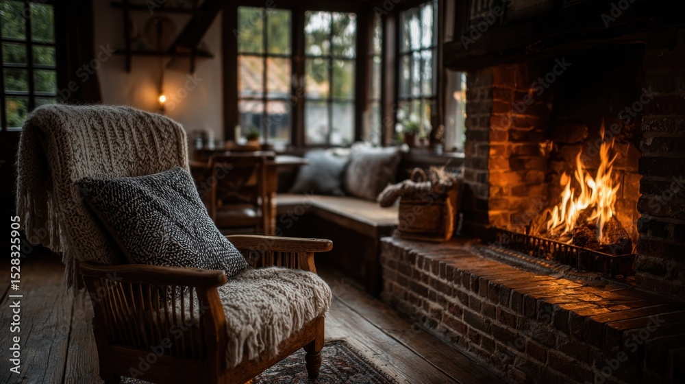 Fototapeta premium Fireplace warmly glows in a cozy living room chair with a knit blanket