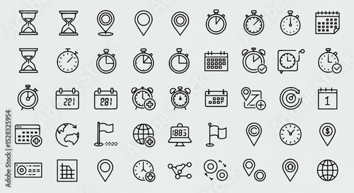 Collection of Time Management Icons Stopwatch Calendar Location Clock Hourglass Planning