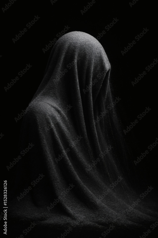 Eerie figure veiled in darkness, enveloped by fabric, creates an unsettling yet artistic image. The dark tones evoke mystery. Eerie figure veiled in darkness, enveloped by fabric, creates an unsettling yet artistic image. The dark tones evoke mystery.