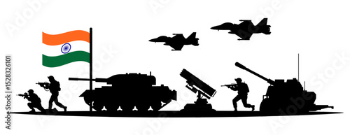 Indian Army military power silhouette. Soldiers, armored vehicle, artillery cannon, fighter jets, and a ballistic missile with the flag of India. National defense and armed forces on white background