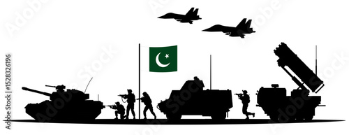 Pakistan military forces silhouette on white backdrop. Soldiers, tanks, rocket artillery vehicles, fighter jets with flag of Pakistan. Armed forces on the battlefield, national defense concept vector.