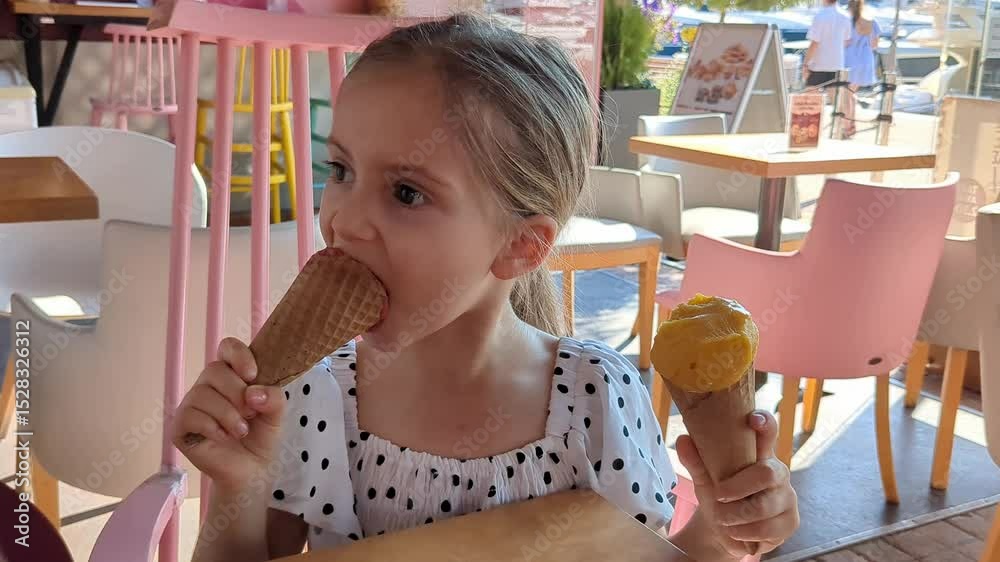 Toddler child eating cone ice cream in cafe. Cute blonde girl licking frozen summer food on the street. Dirty mouth, happy kid.