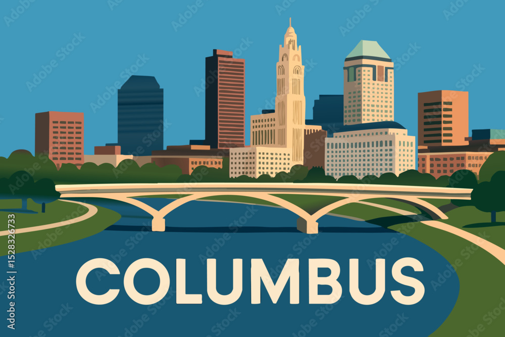 Columbus Scioto Mile Bridge with City Skyline.eps