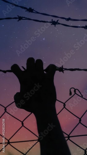 Hand silhouette at night: frantic grip on metal bars against starry sky — despair and struggle in one frame. Looping video.