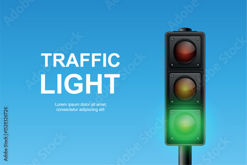 Vector Traffic Light with Green Signal on Blue Sky Background. Realistic Road Stoplight for Transportation, Safety, Driving, Crosswalk, Urban Street and Traffic Control Concept Design