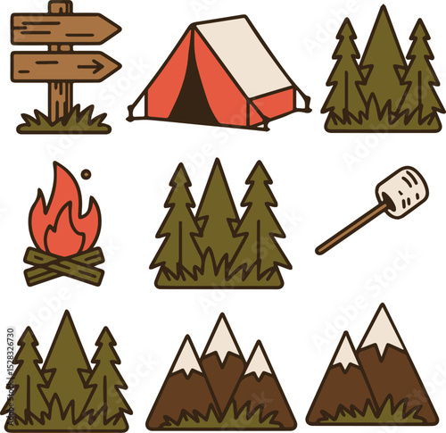 Flat camping icons featuring mountains, tents, campfires, and signs, ideal for travel and outdoor illustration needs.
