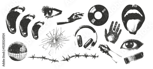 Hand, eyes, scream, headphones, broken glass, vinyl record, palm print retro elements with photocopy stipple effect for grunge punk halftone collage art. Vector illustration.