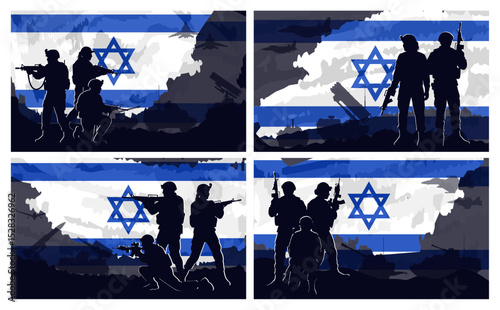 Collection of banner with silhouettes of Israeli soldiers, tanks, jets on Israel flag background. Army in combat. Israel Defense Forces concept. Vector set of military wallpapers. Independence day
