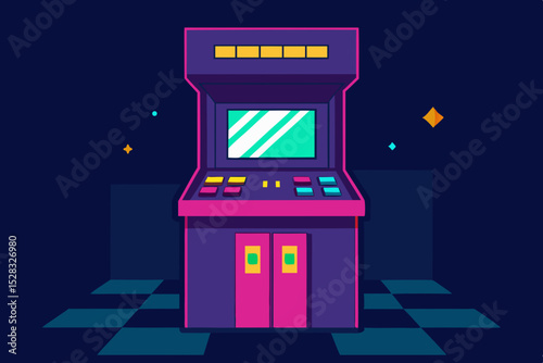 A Classic 80s Video Game Arcade With Bright Neon Lights And Pixelated Graphics