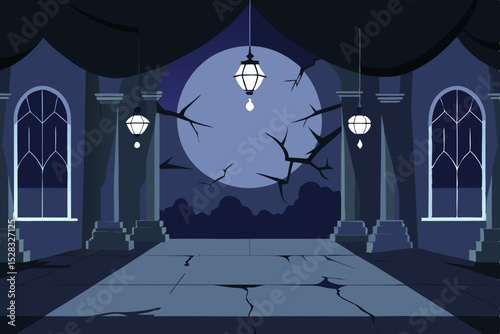 An Eerie Abandoned Ballroom With Damaged Chandeliers And Cobwebs Everywhere