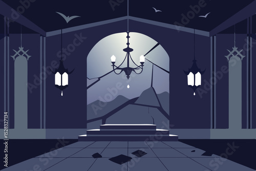 A Grand Abandoned Ballroom In A State Of Decay With Broken And Dusty Chandeliers
