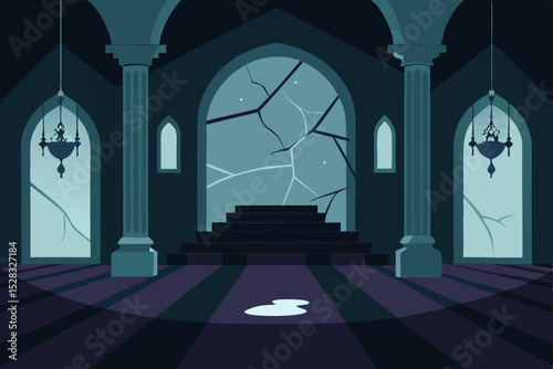 A Forgotten Abandoned Ballroom With Cracked Chandeliers And Moss Growing On Walls