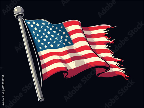 Vector design with drawing
of torn national flag of usa is fluttering in wind. 
Fashion t-shirt print in american style. Pattern 
of stars and stripes for textiles, fabric, clothing.