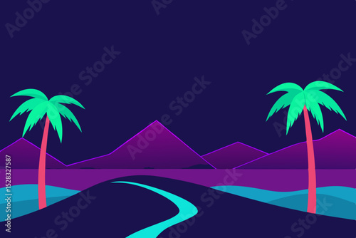 A Surreal Desert Landscape With Bright Neon Palm Trees And Softly Glowing Sand
