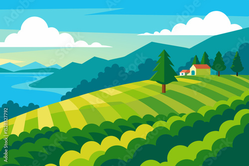 A Lush Green Vineyard On A Hillside With A Beautiful Blue Ocean In The Background