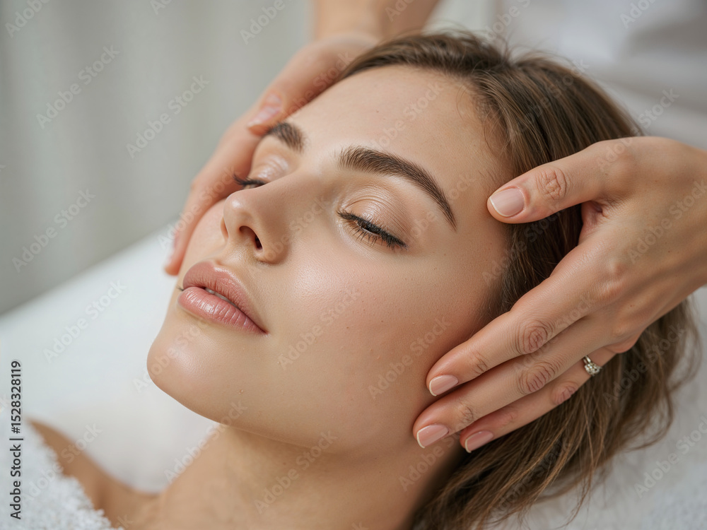 Naklejka premium Gentle hands massage a womans face, inducing serenity during a luxurious spa treatment