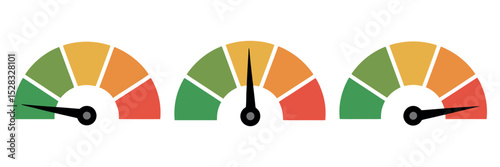 Three colorful gauges showing different levels of performance from low to high on a white isolated background vector illustration