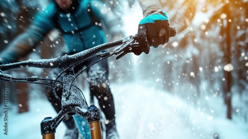 A thrilling mountain biking scene showcases a rider navigating through a snowy forest, highlighting the beauty of winter sports and outdoor adventures in a serene landscape.