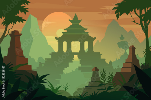 Ancient Stone Temple Ruins Completely Overgrown With Lush Green Jungle Foliage
