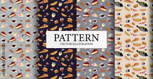 Assembly of seamless patterns, different food from different cuisines of the world - Vector illustration