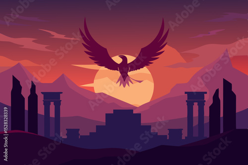 A Mythical Phoenix Soaring Over The Remains Of Ancient Ruins During A Deep Dusk