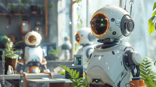 AI lab robots collaborating in eco-friendly space