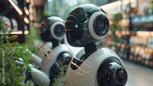 AI lab robots collaborating in eco-friendly space