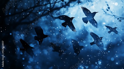stars blue toned night birds under