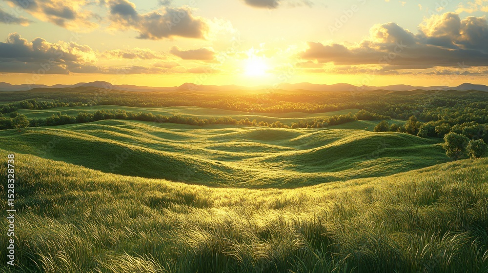 Fototapeta premium Sunset over rolling green hills.