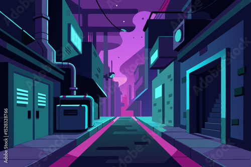Dark Back Alley In A Futuristic Cyberpunk Slum With Steam Vents And Neon Signs