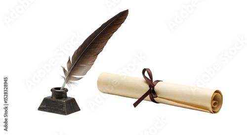 Elegant Quill Pen, Inkwell, and Rolled Parchment: A Vintage Writing Scene