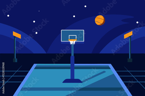 Outdoor Basketball Court At Night Glowing Under The Powerful Stadium Floodlights