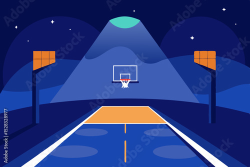 An Empty Basketball Court At Night Illuminated By Bright Overhead Stadium Lights