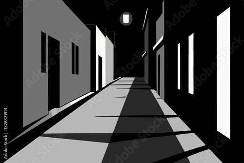 A Black And White Noir Alleyway Scene With Long Dramatic And Mysterious Shadows