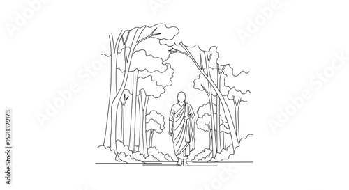 Buddhist monk walking peacefully in a park surrounded by trees