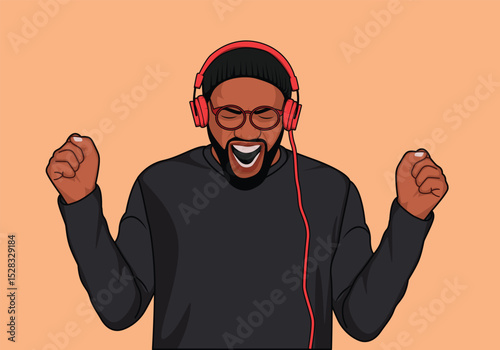 Young man listening music hip hop song with headphones flat cartoon vector illustration