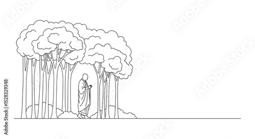 Buddhist monk walking quietly in a park surrounded by trees