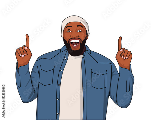 Excited black african american men pointing flat vector illustration